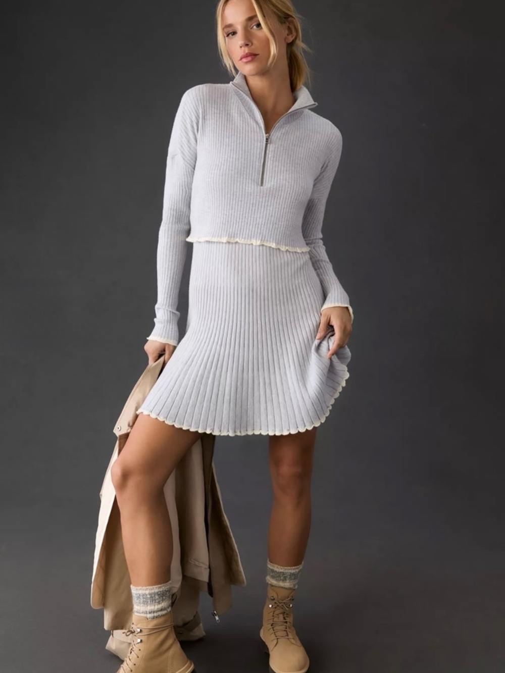 Daily Practice Ribbed Knit Zip Mock Neck Mini Dress Light Gray Size XS